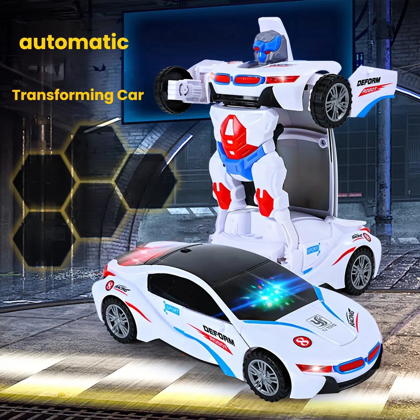 Kaiwatoy®Automatic Deformation Robot Car Toy 1-Second Car-to-Robot Transformation, Cool Glowing Lights, Auto-Turn When Obstacles, Battery-Powered Transformer Car & Kids' Police Car Toy, Perfect Birthday Gift