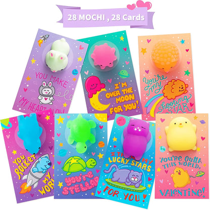 28Pcs Mochi Squishy Toys with Glow-in-The-Dark Kids Valentines Exchange Cards
