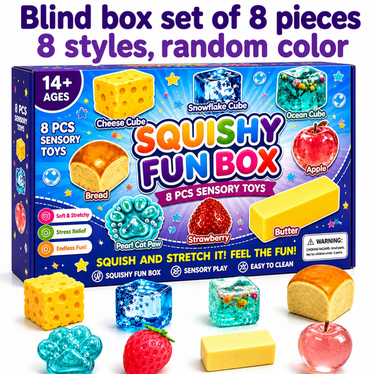Squishy Fun Box - 8 Piece Mystery Set, Ultimate Malt Sugar Stress Relief Sensory Bundle