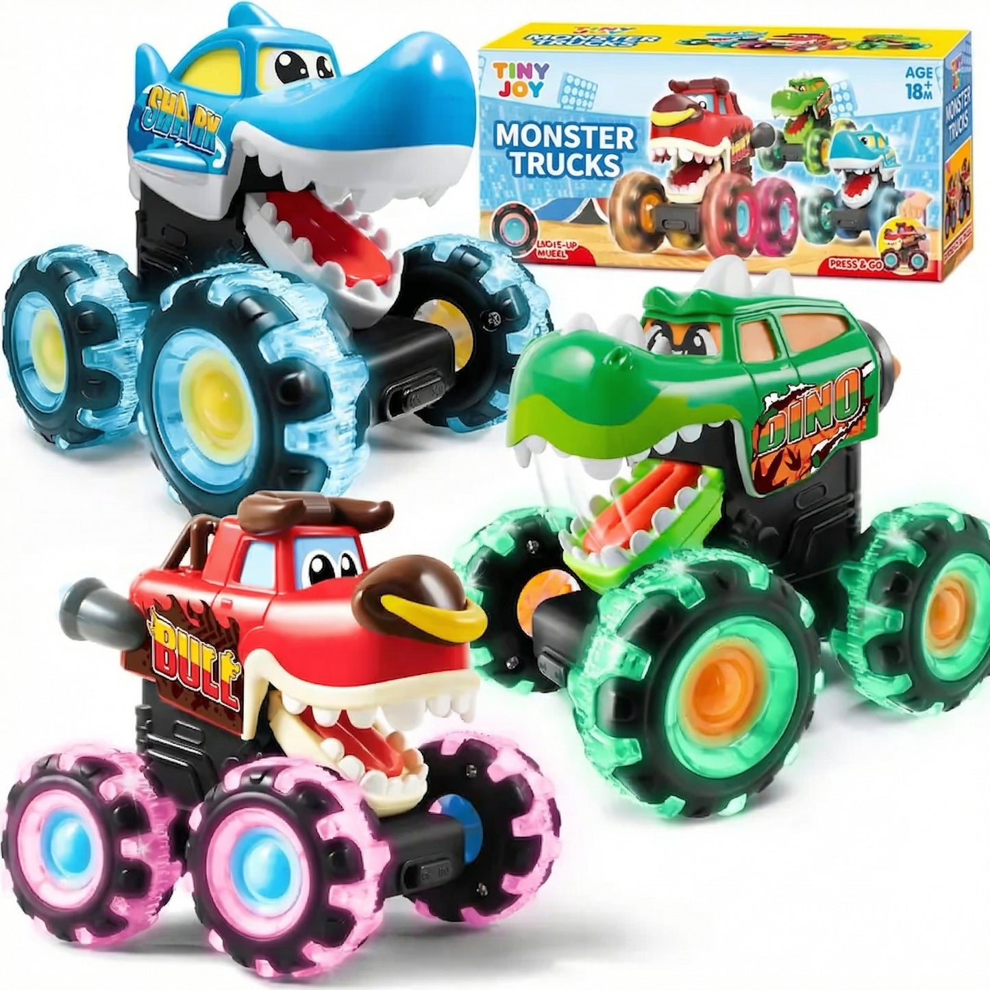 Kaiwatoy®3-Pack Kids Monster Truck Toys: Motion-Activated Light-Up Press & Go Cars, Dinosaur Carrier Bump Set