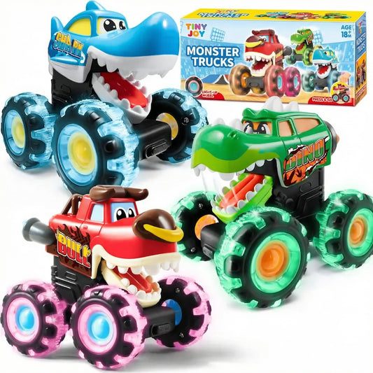 Kaiwatoy®3-Pack Kids Monster Truck Toys: Motion-Activated Light-Up Press & Go Cars, Dinosaur Carrier Bump Set