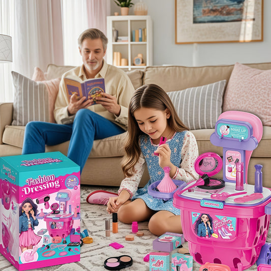 Kaiwatoy® 2 in 1 Kids Pretend Makeup Trolley Playset, 36Pcs Fashion Beauty Salon Vanity Toy Set for Girls