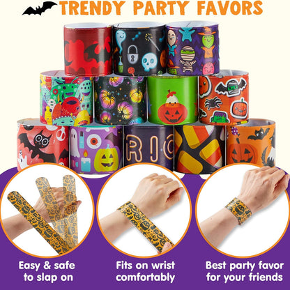 Kaiwatoy®Halloween Themed Slap Bracelets,36 Spooky Designs, Safe & Fun Party Favors for Trick-or-Treaters,72PC