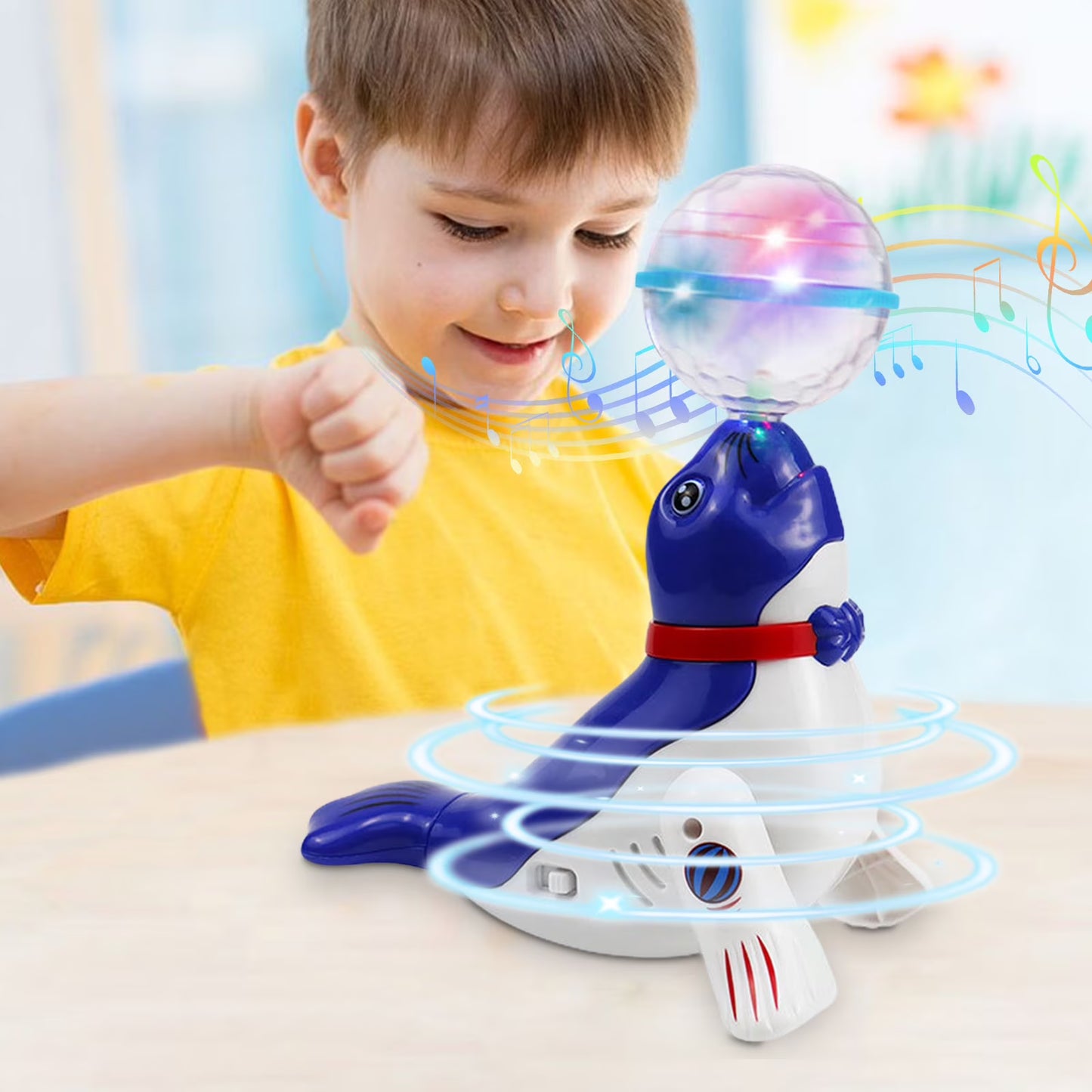 Kaiwatoy®Interactive Spinning Sea Lions /Dog Motorized Toy - Rotating Light Music Projection Singing Animal for Kids, Battery Powered