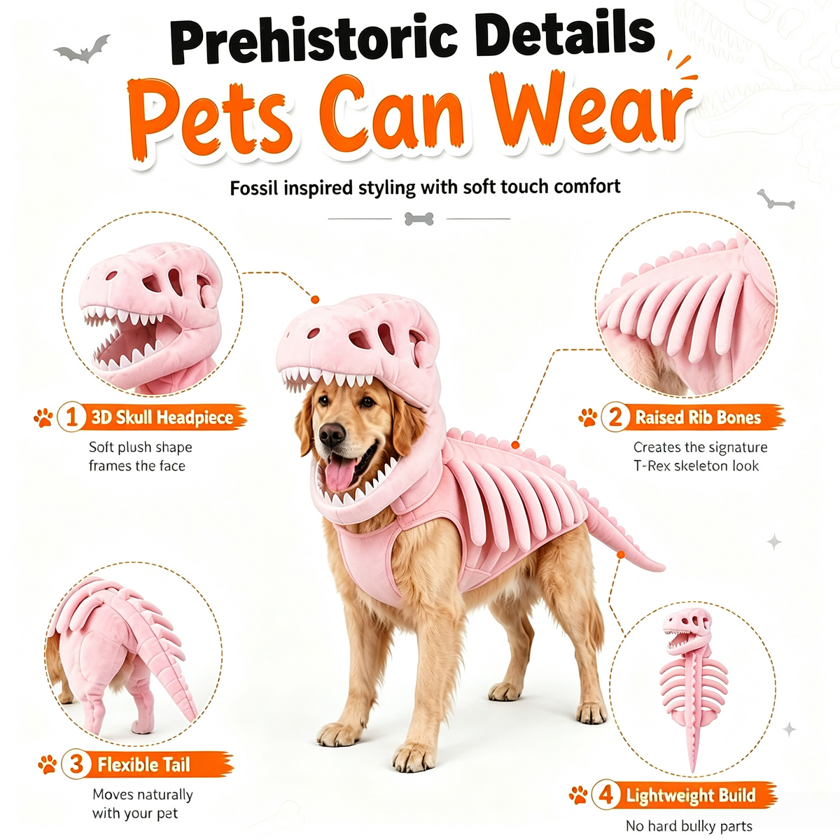 Pet Dinosaur Costume, Dog Dinosaur Skeleton Costume