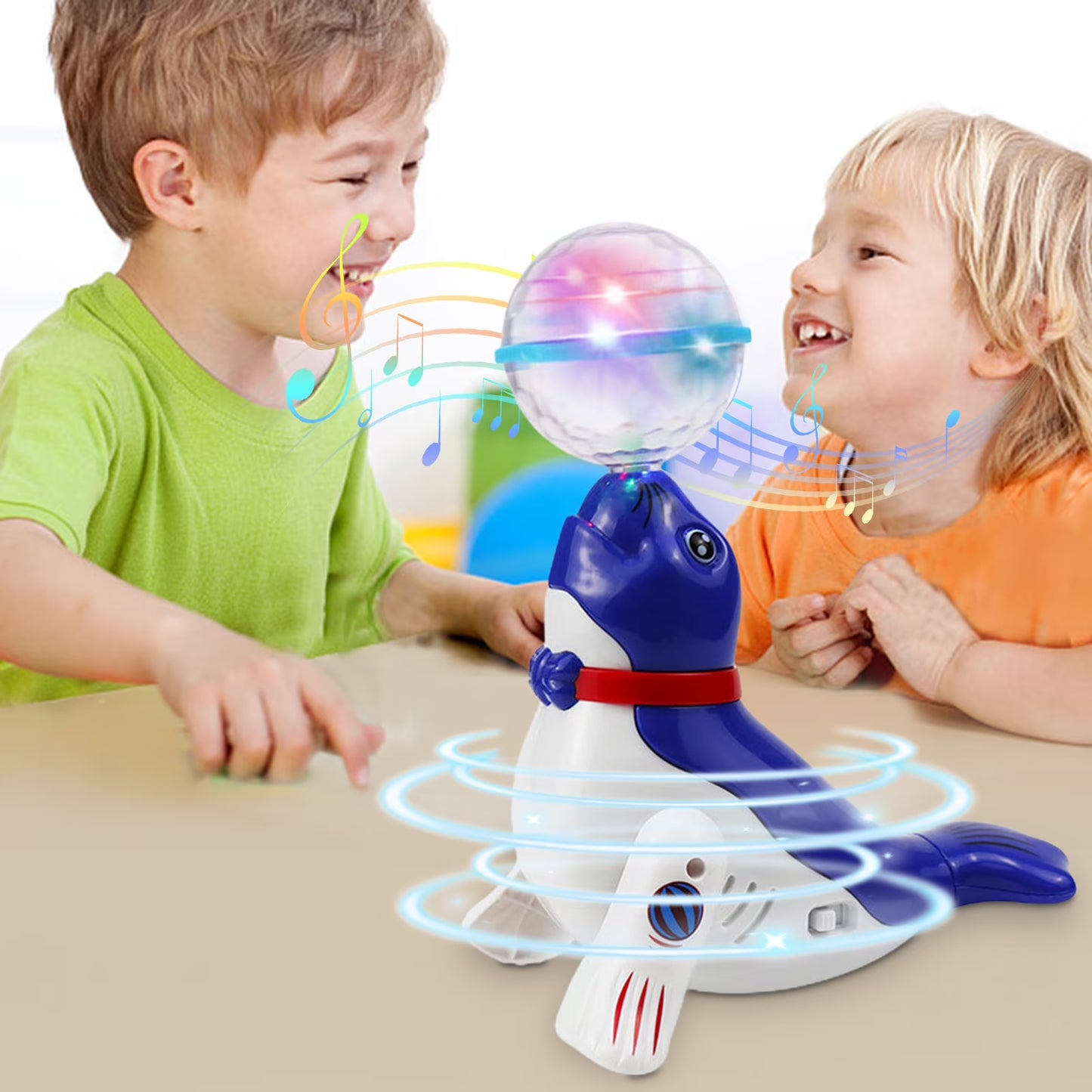 Kaiwatoy®Interactive Spinning Sea Lions /Dog Motorized Toy - Rotating Light Music Projection Singing Animal for Kids, Battery Powered