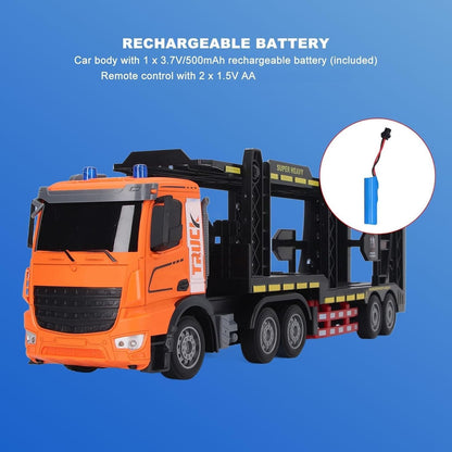 RC Semi Truck with Trailer Double Layer Full Function Sound Light Rechargeable Remote Control Transporter for Kids