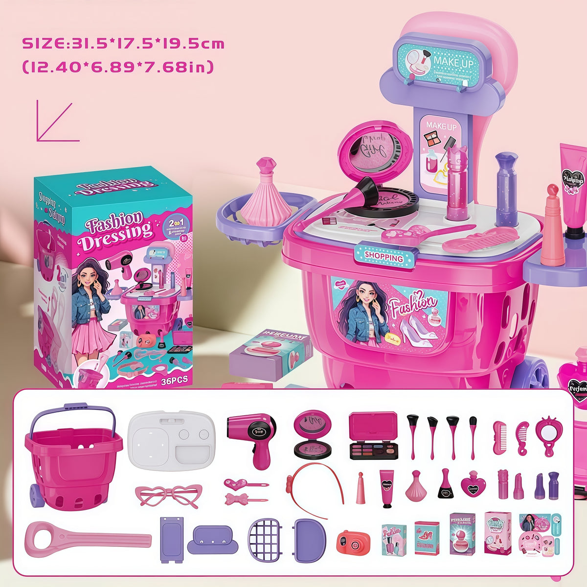 Kaiwatoy® 2-in-1 Kinder Schmink-Trolley Spielset, 36-teiliges Mode Schönheitssalon Frisiertisch Spielzeugset für Mädchen