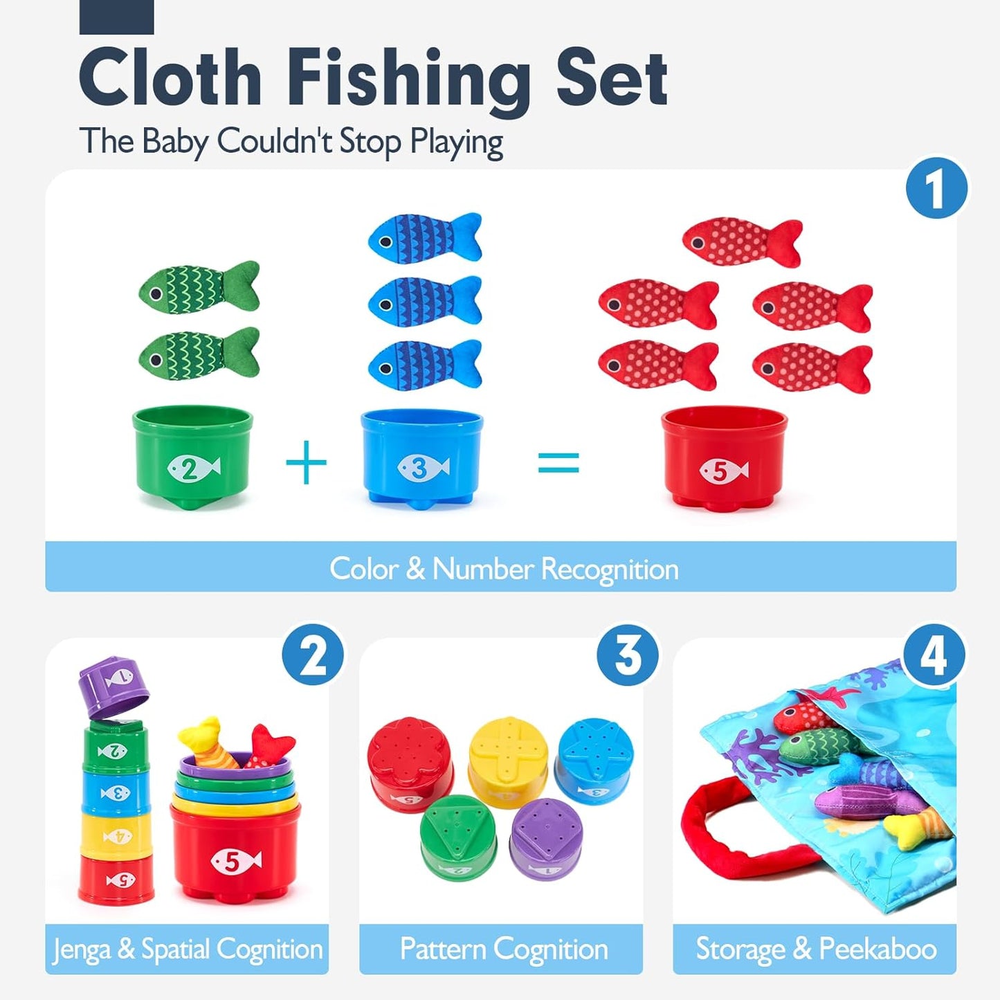 10 in 1 Cloth Fishing Toys Toddler Toys with Stacking Cups-Number Counting, Color Sorting Learning