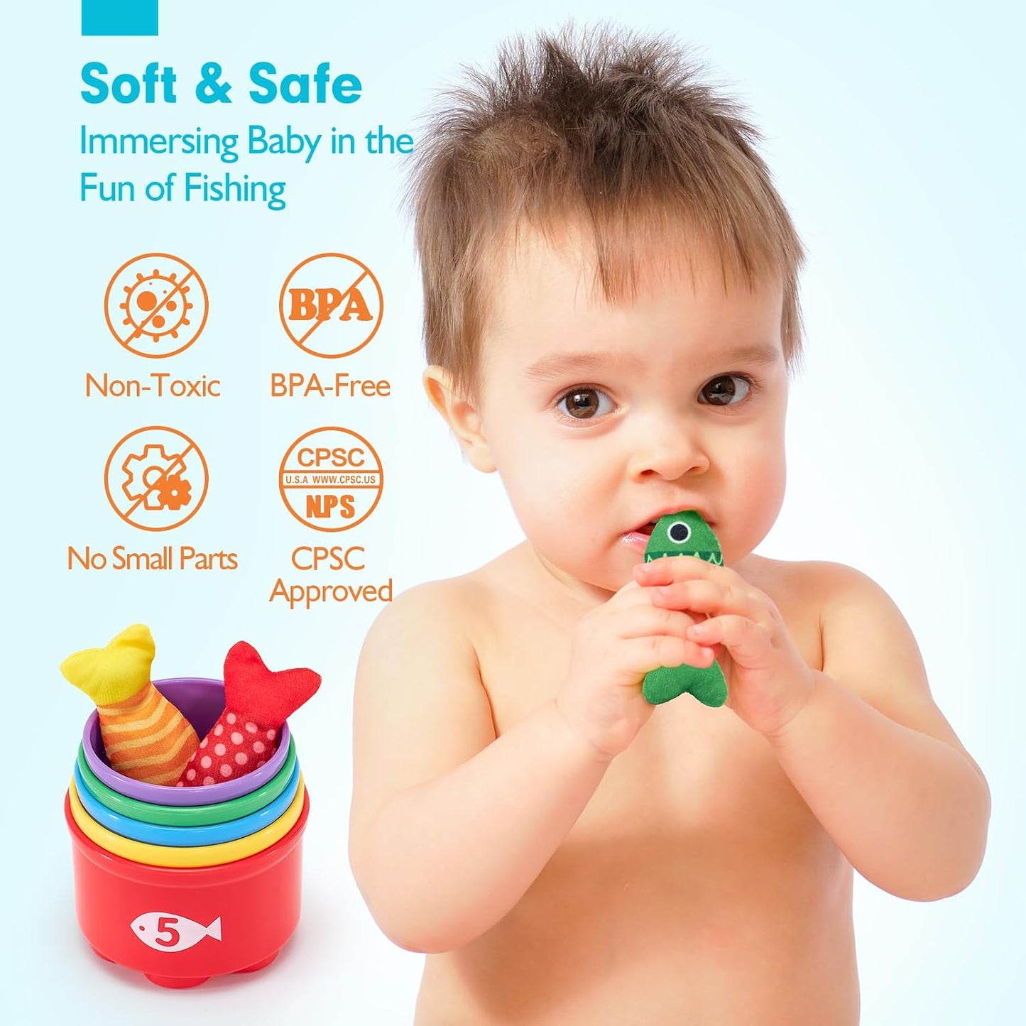 10 in 1 Cloth Fishing Toys Toddler Toys with Stacking Cups-Number Counting, Color Sorting Learning