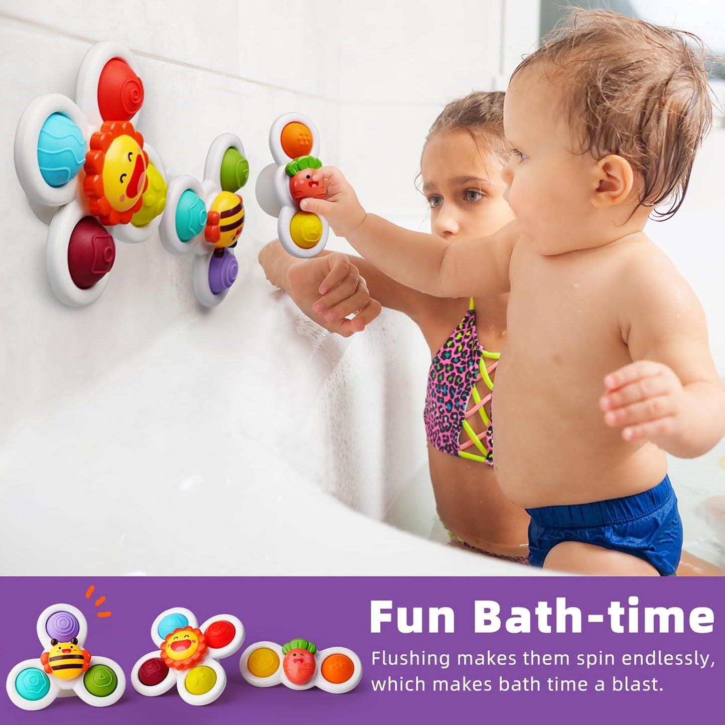 3PC Strong Suction Cup Fidget Rotating Sensory Bath Toys for Baby Christmas Stocking Stuffers, Airplane Car Travel Table & Window Toys for Toddler Boys and Girls, 10+ Months