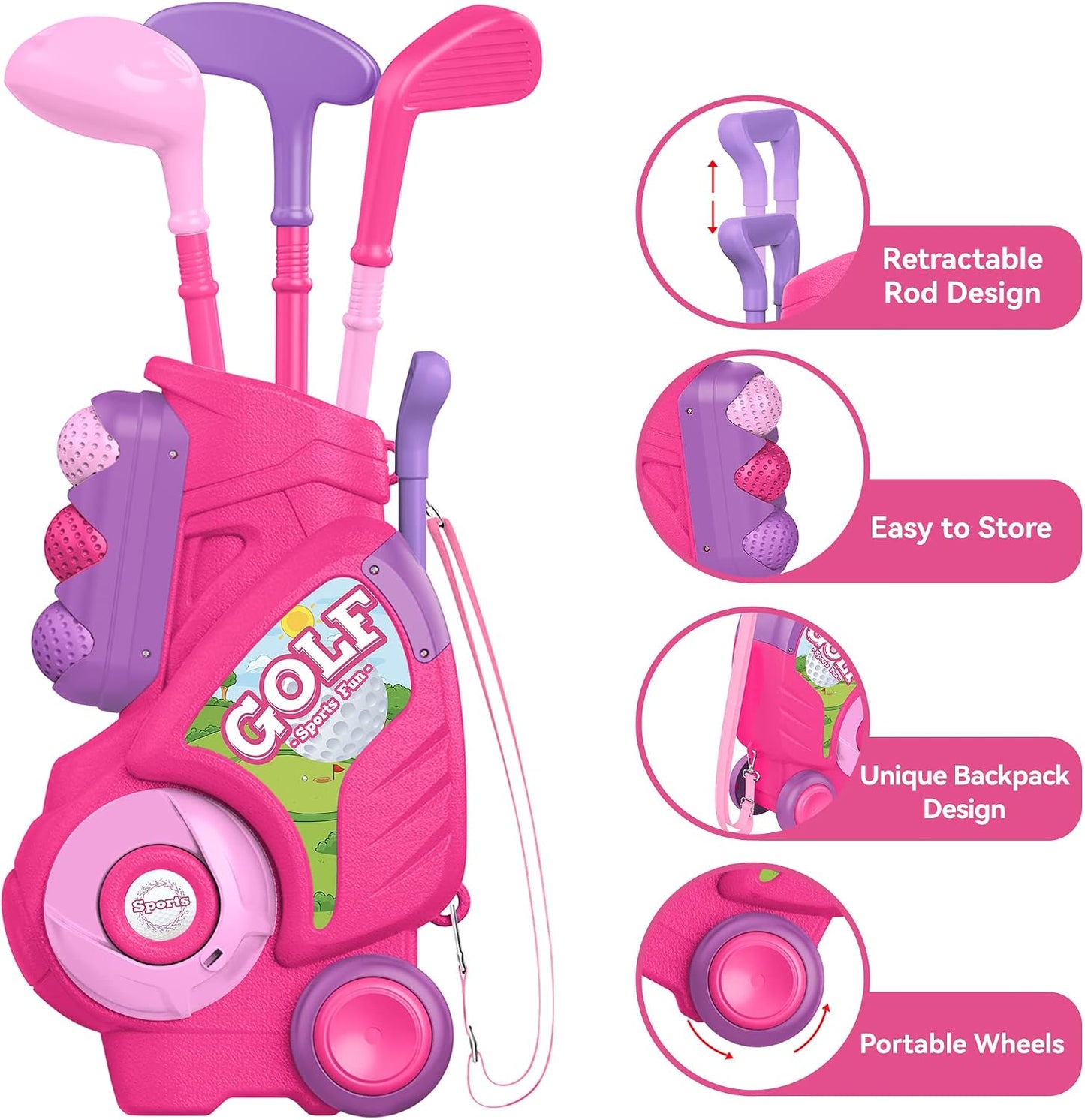 Kaiwatoy® Toddler Golf Club Set – Lightweight Kids Golf Toy with Cart & Shoulder Strap for Ages 1-4