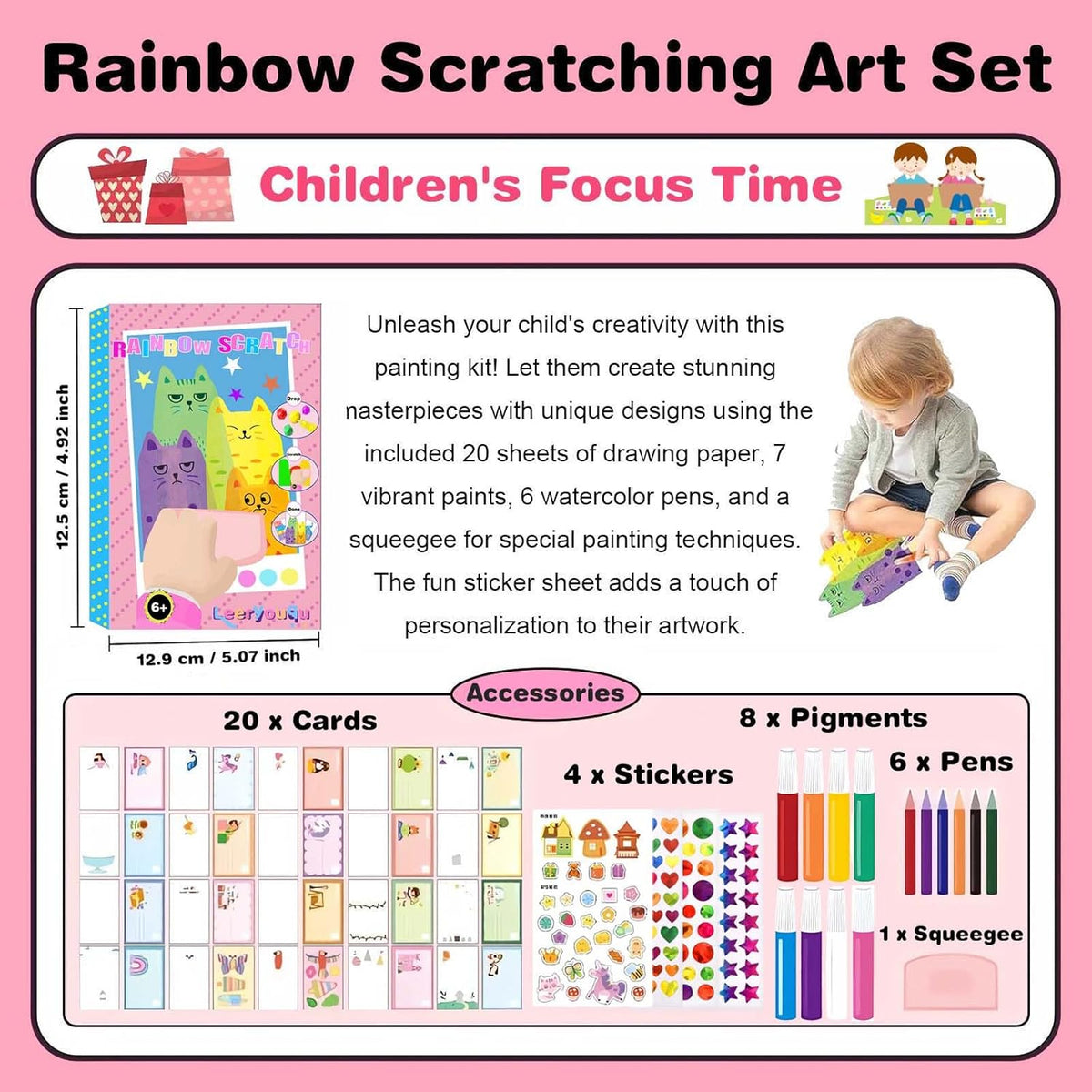 Kaiwatoy®Squeegee Art Craft Kit, Creative Painting Kit for Kids, Rainbow Scratch Paper Art Set Notebooks