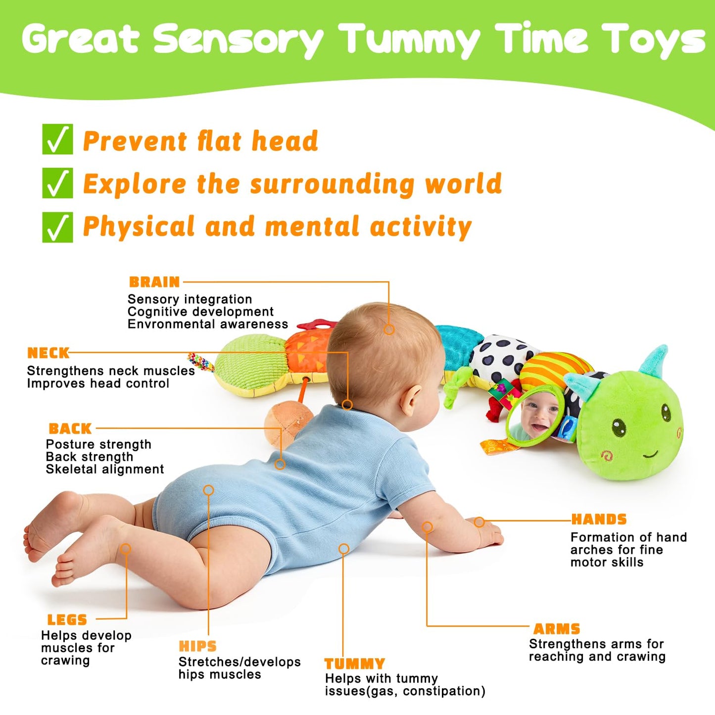 Kaiwatoy® Baby Sensory Toys 0-6 Months Music Animal Stuffed Plush Caterpillar Toy