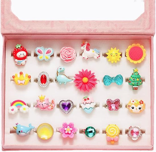 Kaiwatoy®PinkSheep Little Girl Jewel Rings in Box, Adjustable, No Duplication, Girl Pretend Play and Dress Up Rings (24 Lovely Ring