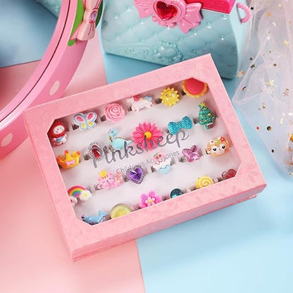 Kaiwatoy®PinkSheep Little Girl Jewel Rings in Box, Adjustable, No Duplication, Girl Pretend Play and Dress Up Rings (24 Lovely Ring