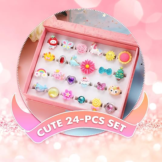 Kaiwatoy®PinkSheep Little Girl Jewel Rings in Box, Adjustable, No Duplication, Girl Pretend Play and Dress Up Rings (24 Lovely Ring