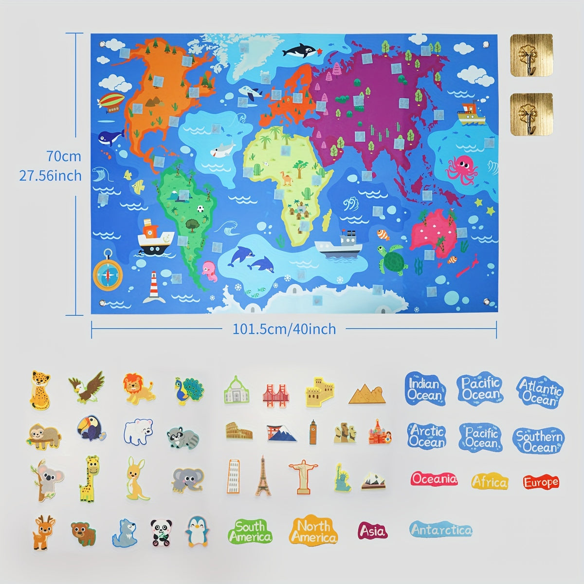 Kaiwatoy® 28 x 40 Zoll Weltkarte Filztafel-Set, Lernspielzeug Weltkarte aus Filz