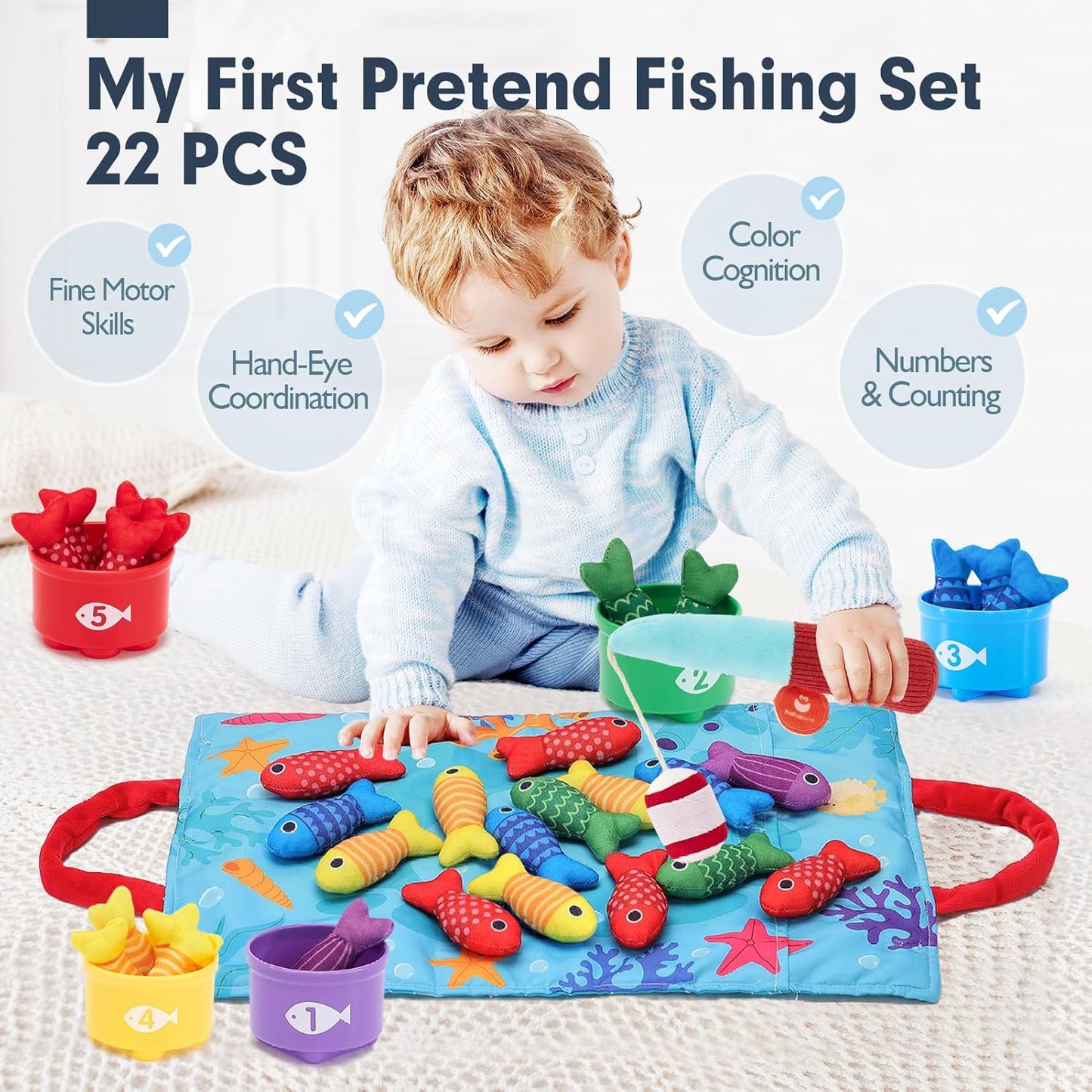 10 in 1 Cloth Fishing Toys Toddler Toys with Stacking Cups-Number Counting, Color Sorting Learning