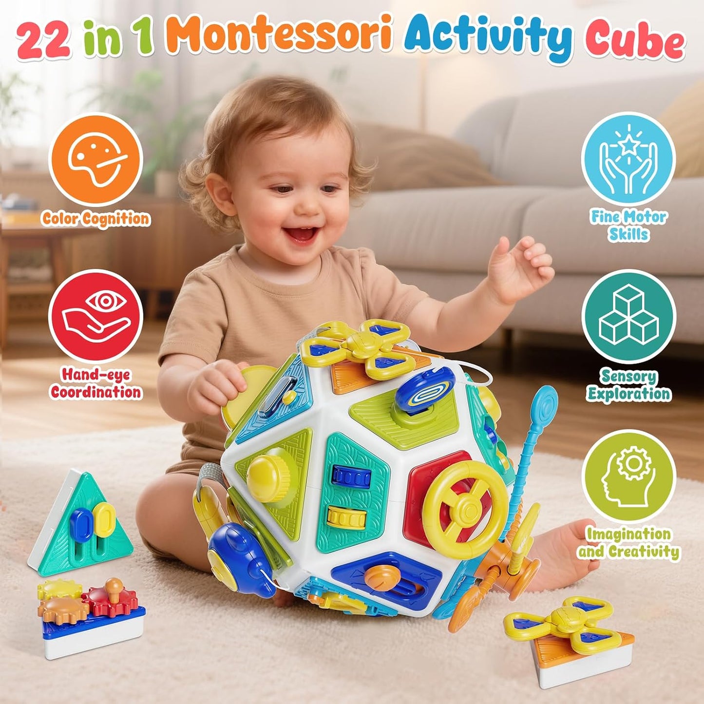 22-in-1 Montessori Busy Cube for 1 Year Old, Baby Activity Cube Toys 6-12