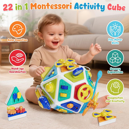 22-in-1 Montessori Busy Cube for 1 Year Old, Baby Activity Cube Toys 6-12