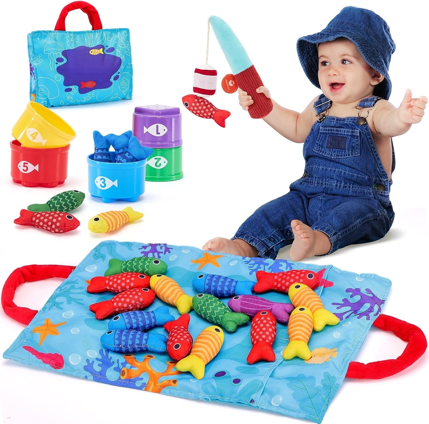 10 in 1 Cloth Fishing Toys Toddler Toys with Stacking Cups-Number Counting, Color Sorting Learning