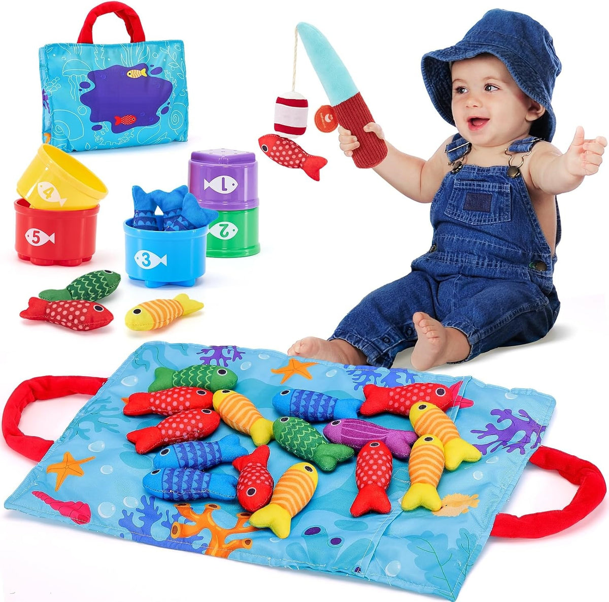 10 in 1 Cloth Fishing Toys Toddler Toys with Stacking Cups-Number Counting, Color Sorting Learning