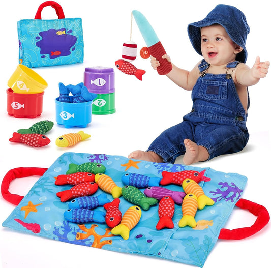 10 in 1 Cloth Fishing Toys Toddler Toys with Stacking Cups-Number Counting, Color Sorting Learning