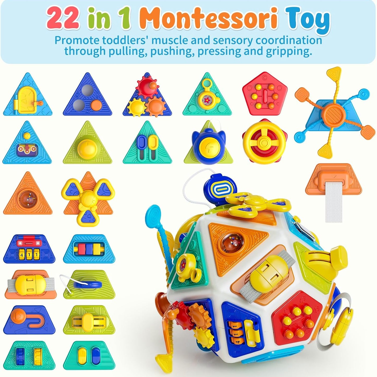 22-in-1 Montessori Busy Cube for 1 Year Old, Baby Activity Cube Toys 6-12