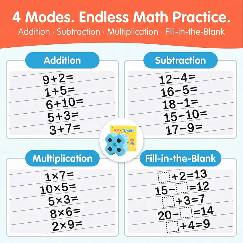 Mathelehrer 4-in-1 Mathe-Rollstempel, Additions-, Subtraktions-, Multiplikations-Übungswerkzeug