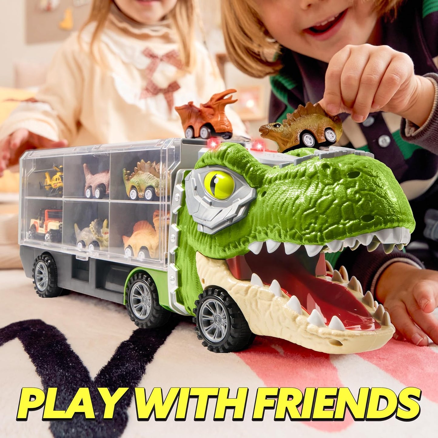 Kaiwatoy®13 in 1 Dinosaur Toys for Kids 3-5, Dinosaur Truck with 12 Pull Back Cars, Birthday Gifts Toys for 3 4 5+ Year Old Boy