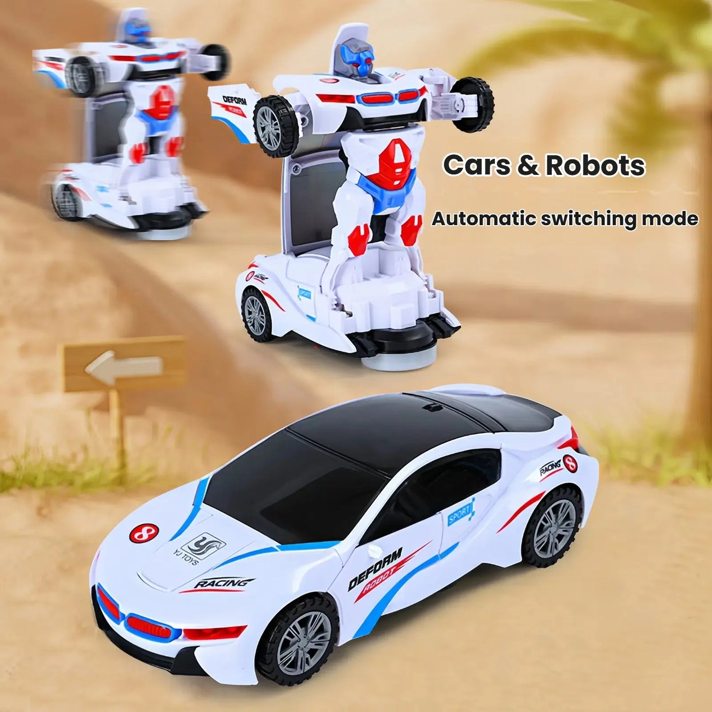 Kaiwatoy®Automatic Deformation Robot Car Toy 1-Second Car-to-Robot Transformation, Cool Glowing Lights, Auto-Turn When Obstacles, Battery-Powered Transformer Car & Kids' Police Car Toy, Perfect Birthday Gift