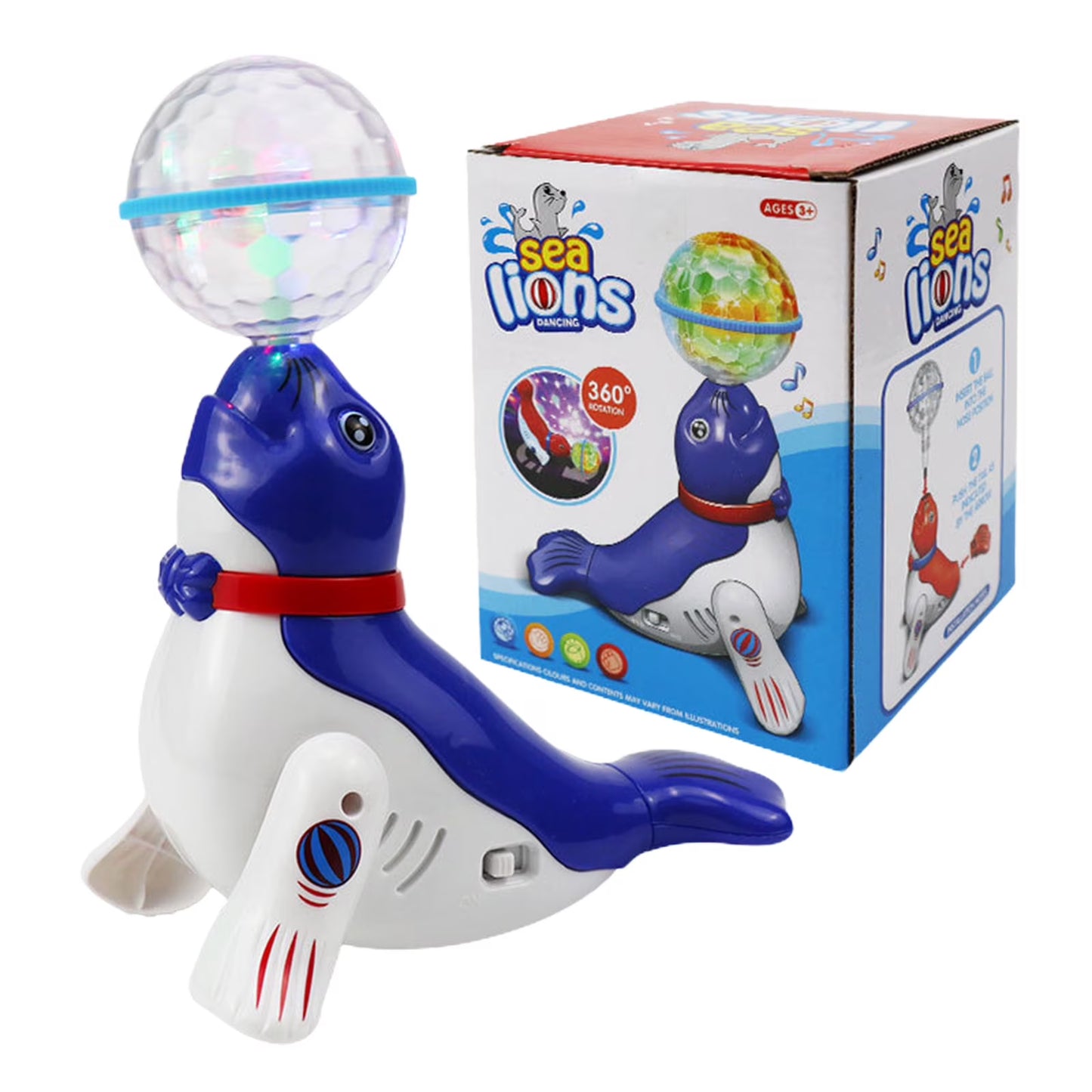 Kaiwatoy®Interactive Spinning Sea Lions /Dog Motorized Toy - Rotating Light Music Projection Singing Animal for Kids, Battery Powered