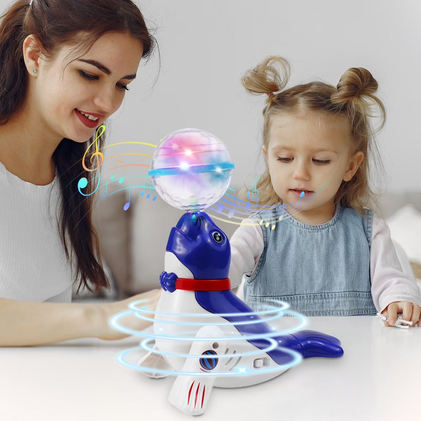 Kaiwatoy®Interactive Spinning Sea Lions /Dog Motorized Toy - Rotating Light Music Projection Singing Animal for Kids, Battery Powered