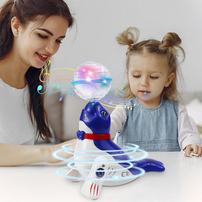 Kaiwatoy®Interactive Spinning Sea Lions /Dog Motorized Toy - Rotating Light Music Projection Singing Animal for Kids, Battery Powered