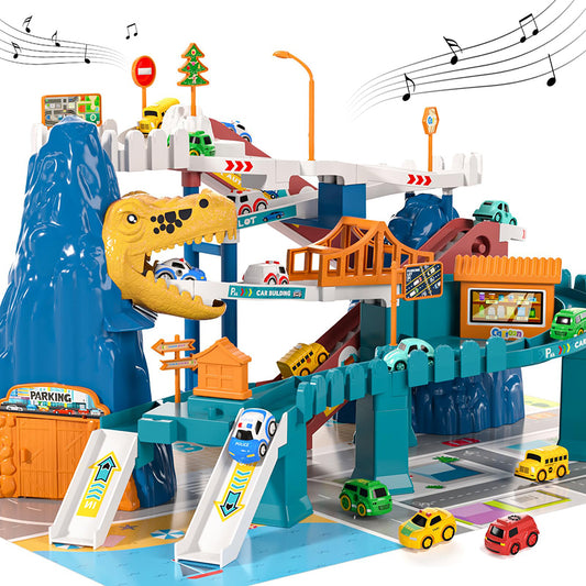 Dinosaur Race Track Playset for Boys Kids 3-8, Dinosaur Climbing Hills Car Track Play Set with 6 Mini Racer Cars