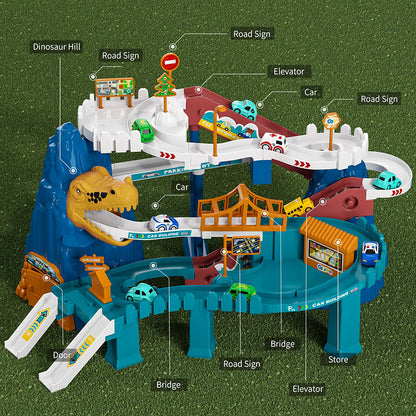 Dinosaur Race Track Playset for Boys Kids 3-8, Dinosaur Climbing Hills Car Track Play Set with 6 Mini Racer Cars