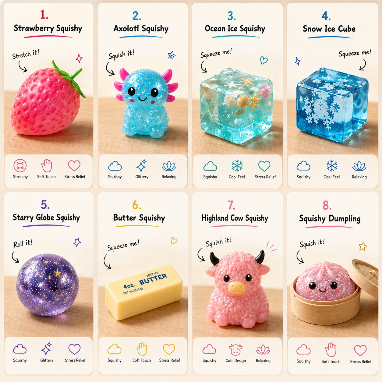 8-Piece Mystery Squishy Box — Ultimate Malt Sugar Stress Relief Sensory Bundle